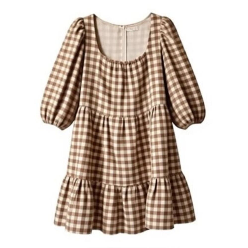 By The River Women’s Tiered Gingham Dress Large Brown White Plaid Zip Back